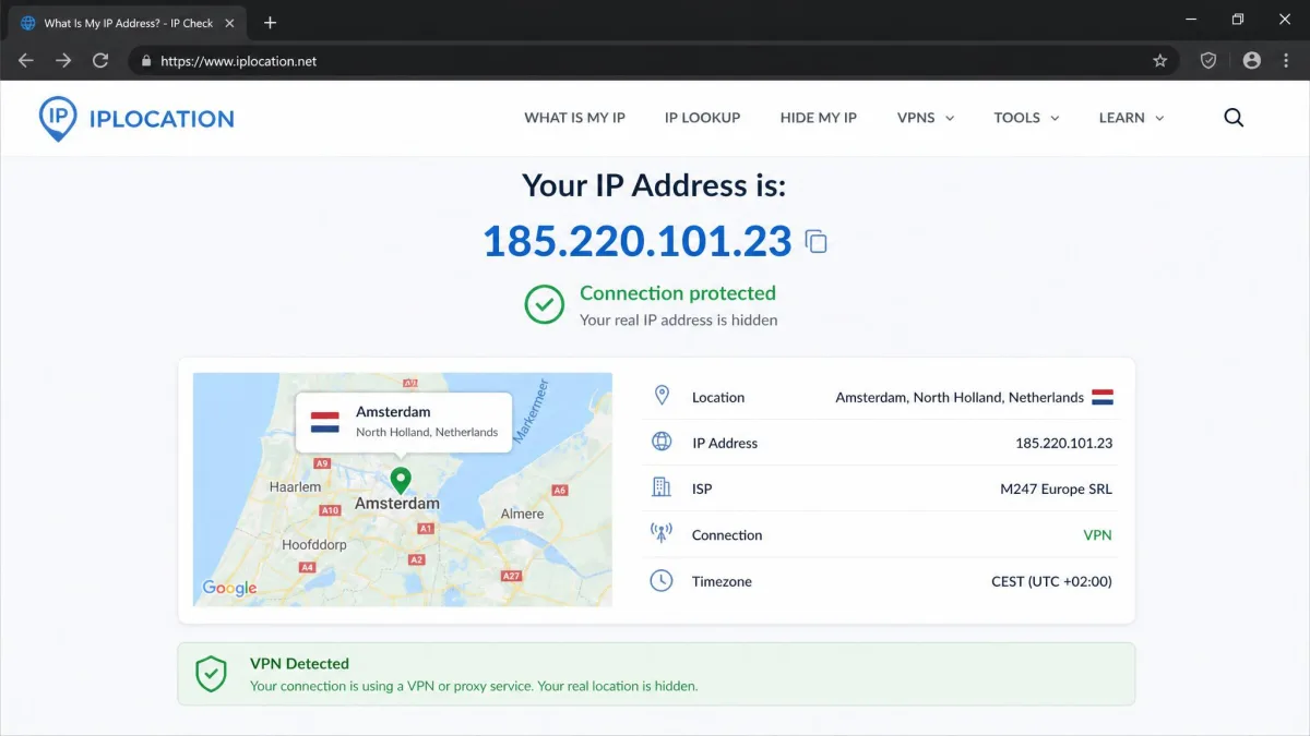 Browser showing an IP-check results page with a location and IP address that match the chosen VPN server country rather than the user's real home city, confirming the VPN is on.