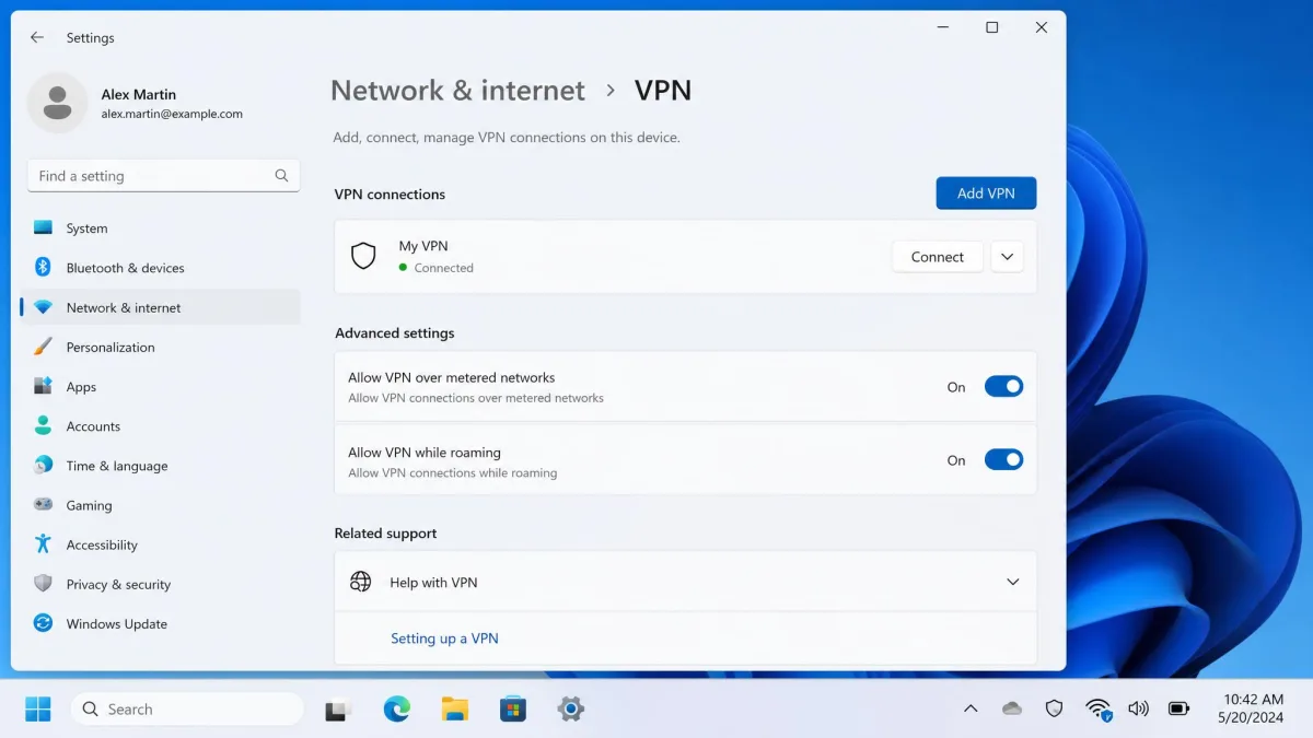 Windows 11 Settings screen at Network and internet VPN, showing a saved VPN profile with a Connect button and the taskbar network icon displaying a blue shield to confirm the connection is active.