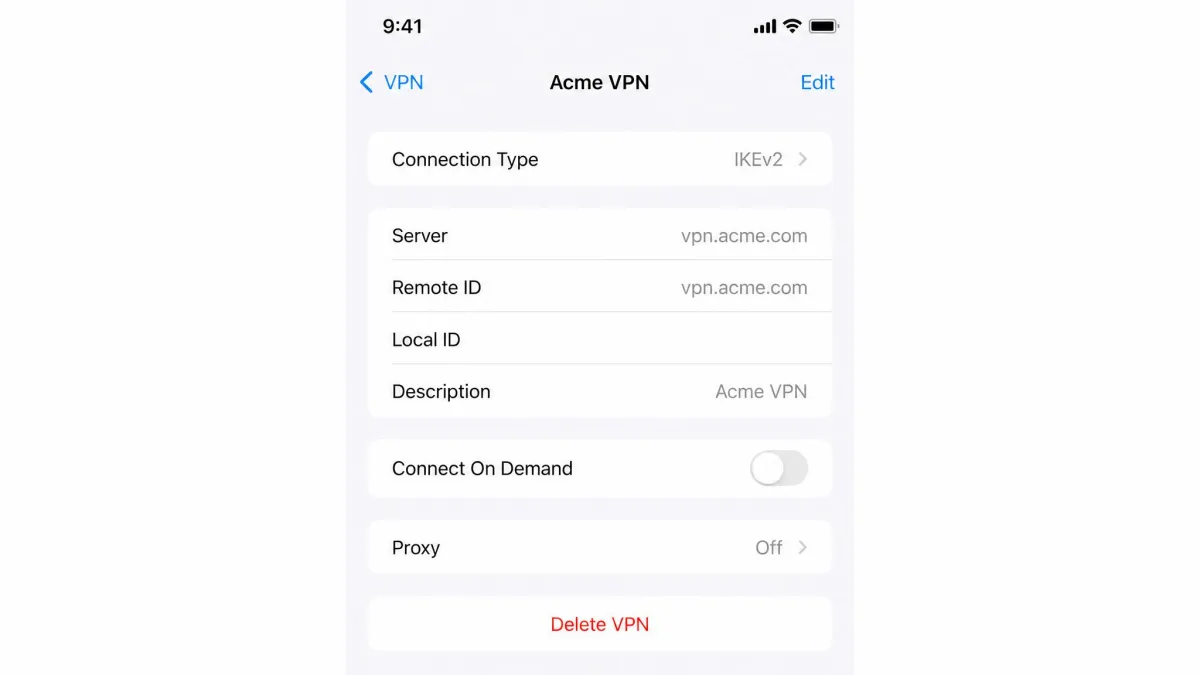 An iPhone VPN configuration detail screen with the Connect On Demand toggle switched off, reached by tapping the info icon next to the VPN profile.