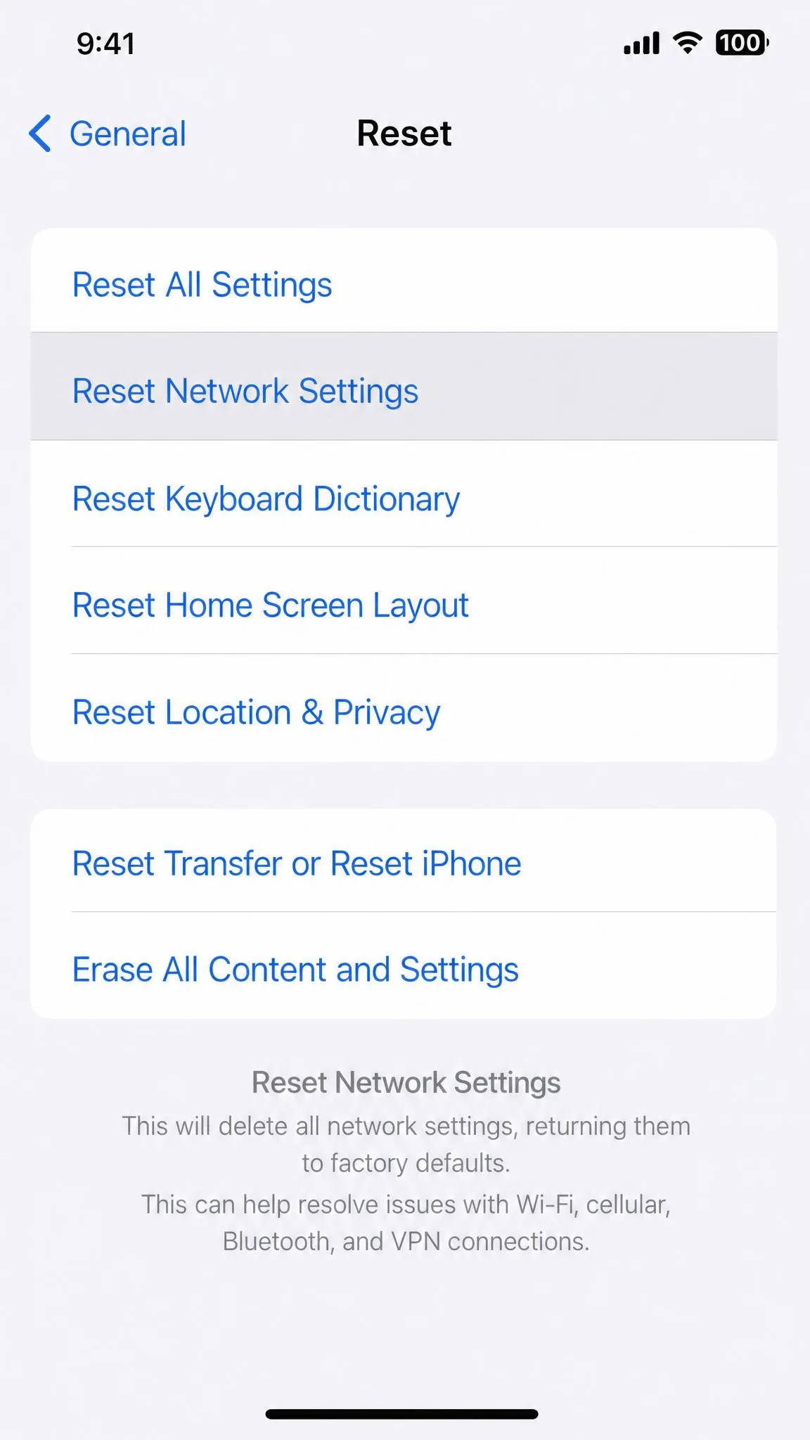 The iPhone Reset menu under General with Reset Network Settings highlighted as an option for clearing a stuck VPN connection.