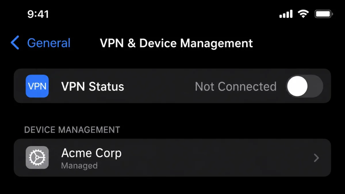 The iPhone VPN status screen under General with the VPN Status row and its toggle switched from Connected to Not Connected.