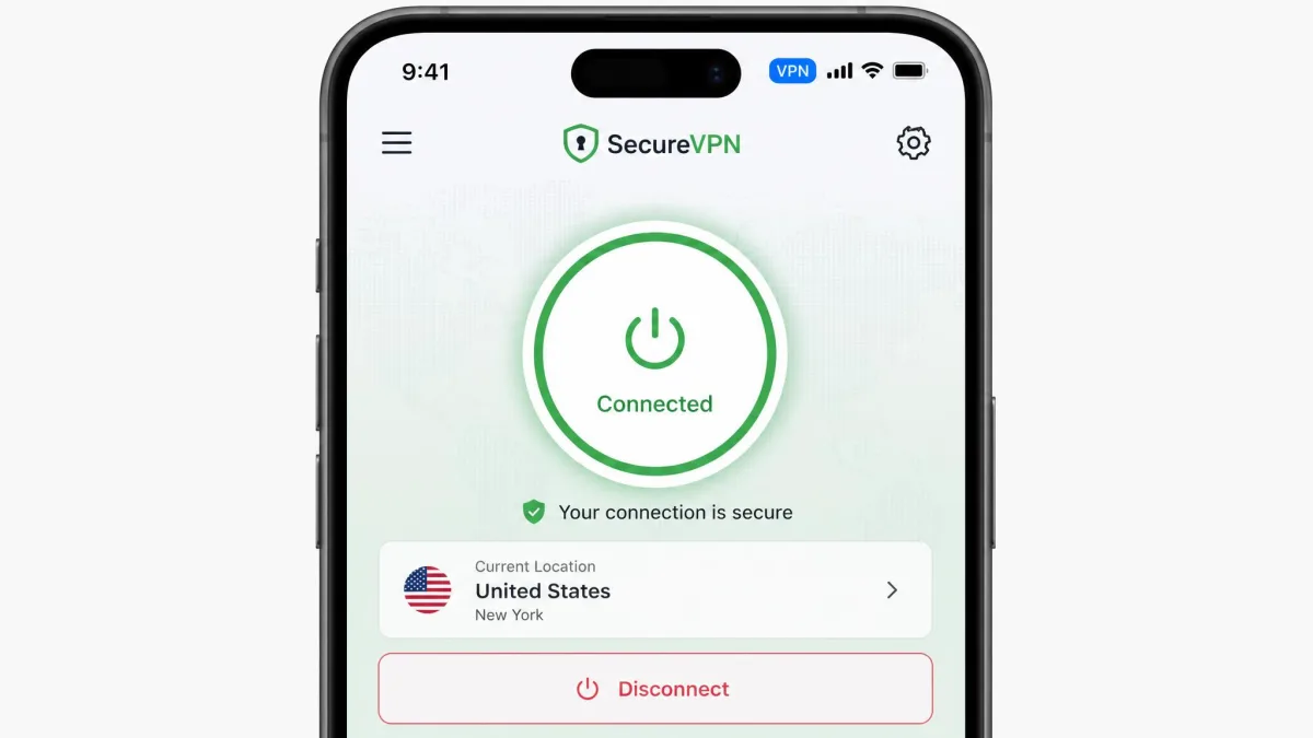 An iPhone VPN app home screen showing a large circular connection button set to Connected, with a Disconnect option highlighted and the VPN badge visible in the status bar.