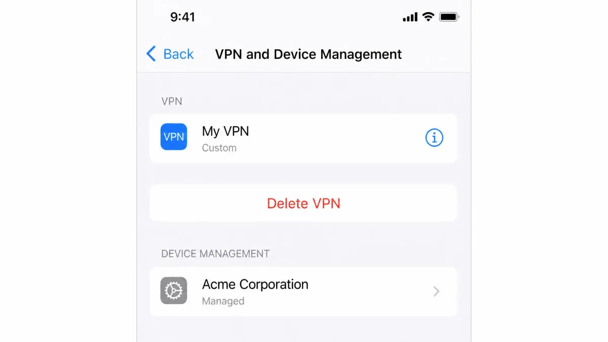 The iPhone VPN and Device Management settings screen showing a saved VPN configuration with an info icon and a red Delete VPN option beneath it.