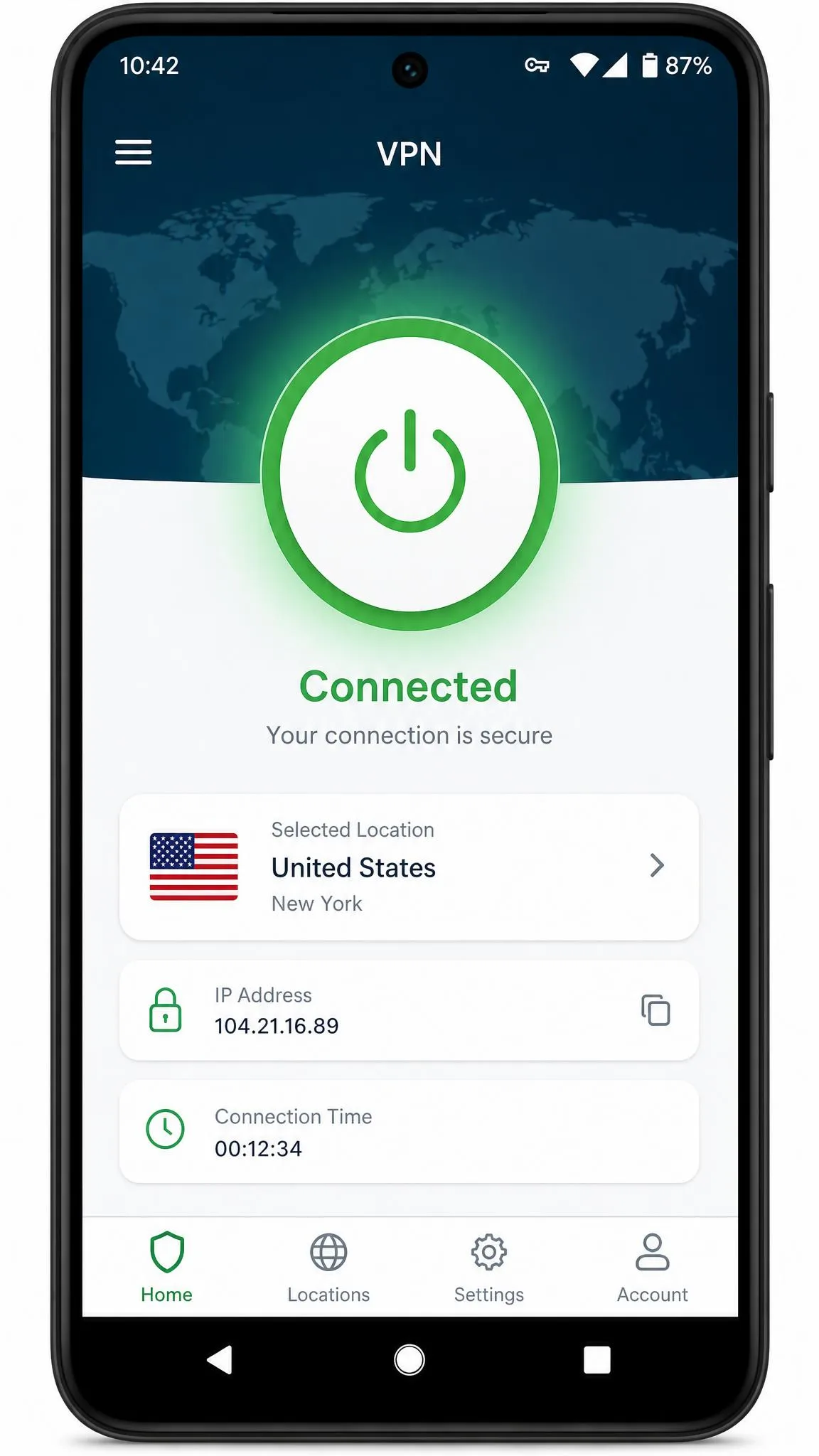 Android phone screen showing a VPN app in the connected state with a large Connect toggle, the chosen country listed, and the key icon visible in the status bar.