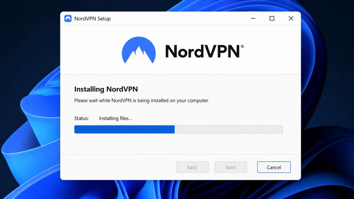 Windows installer window for a VPN desktop app mid-installation, with the progress bar partly filled and the provider logo visible at the top.