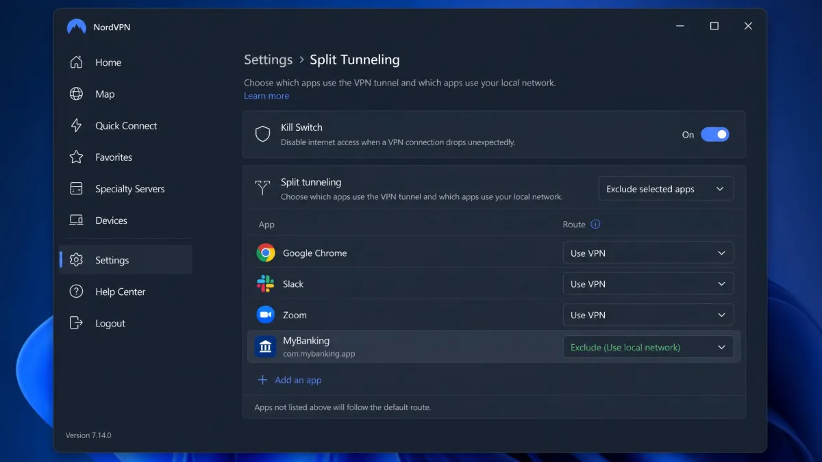 VPN desktop app settings panel with the kill switch toggle turned on and a split tunneling app list showing a banking app excluded from the tunnel.