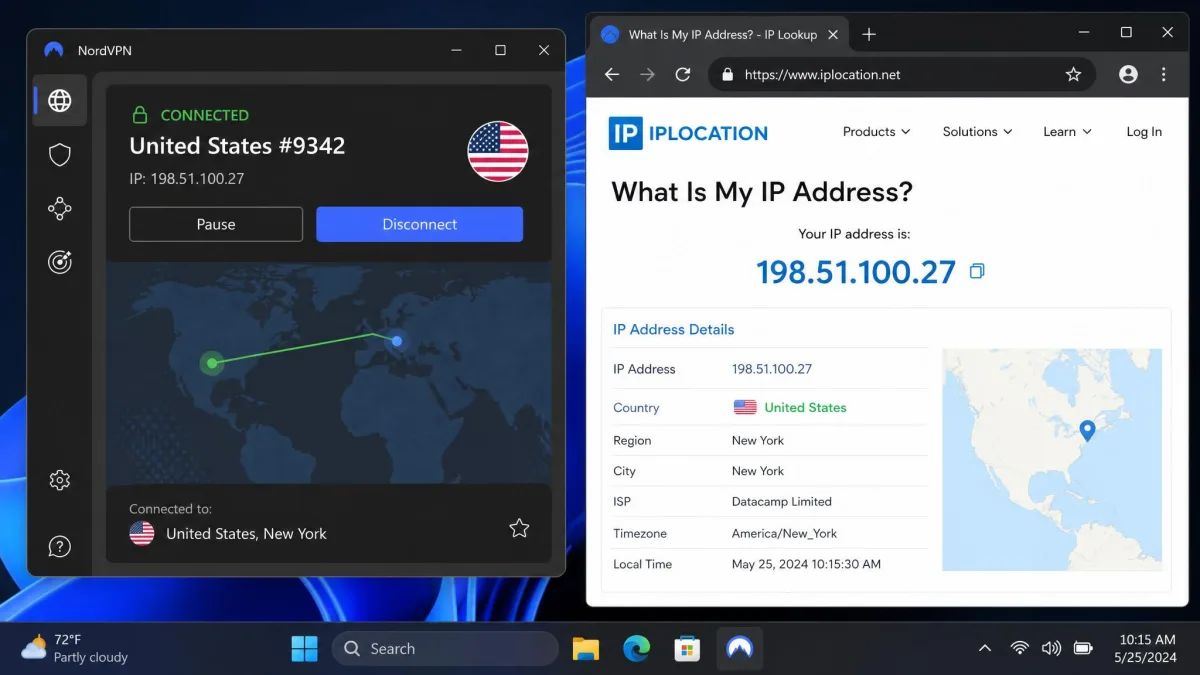Split screen showing a VPN desktop app in the connected state next to a browser tab displaying an IP address lookup that reports the VPN server's country.