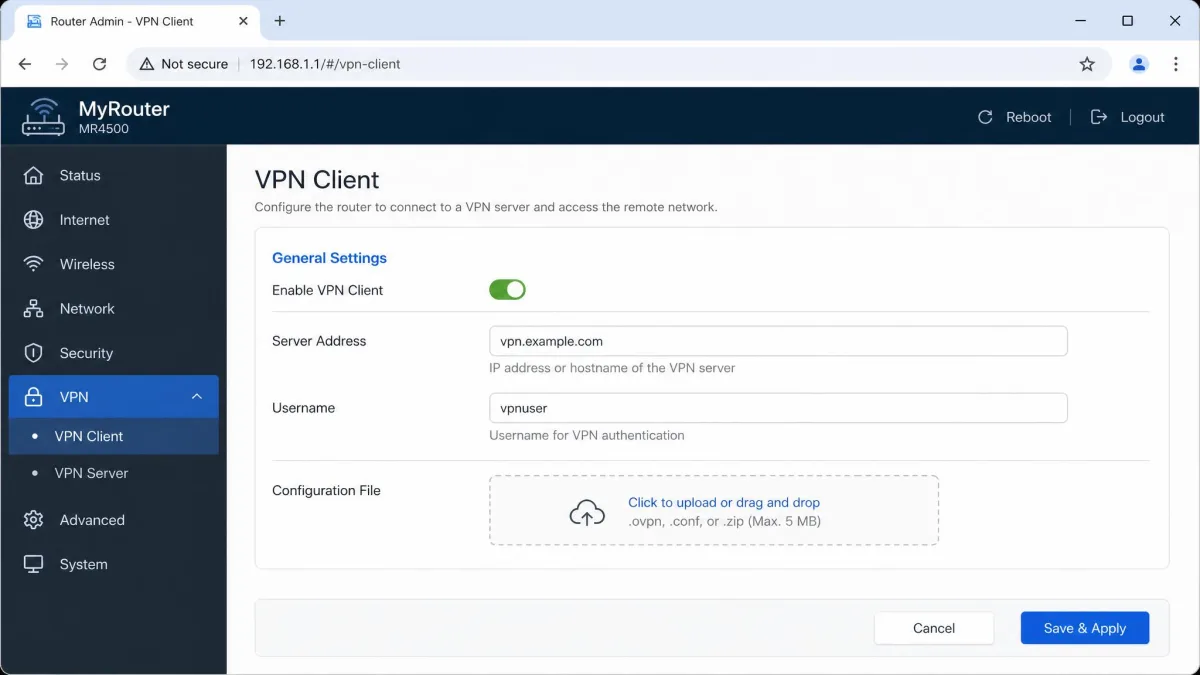 Router admin web interface open in a browser showing the VPN client configuration page with fields for server address, username and an upload box for a configuration file.