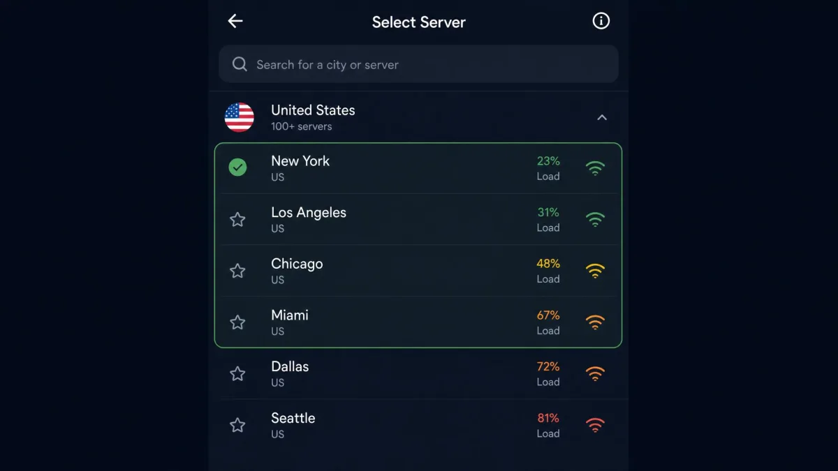 VPN app server list open with several city options in the same country highlighted, showing server load percentages next to each entry.