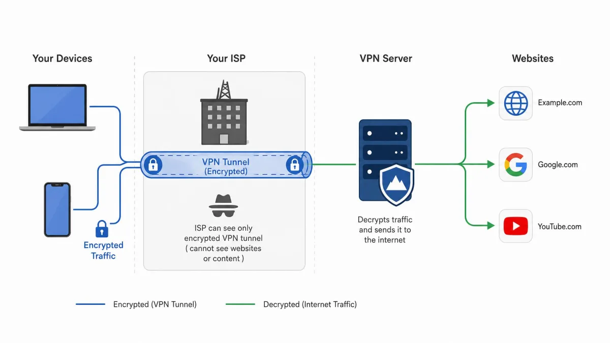 Simple diagram showing a laptop and phone sending encrypted traffic through a VPN tunnel to a VPN server, which then connects out to websites, with the ISP seeing only the tunnel.