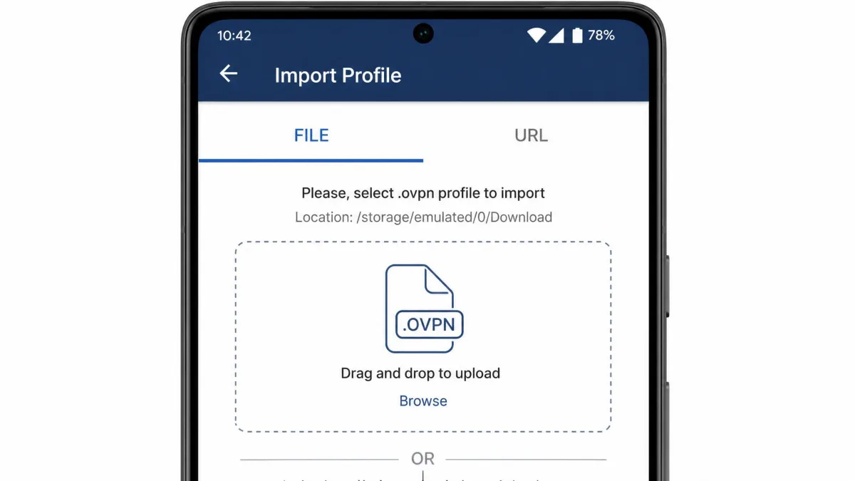 OpenVPN Connect on an Android phone showing the profile import screen with the File and URL tabs and a large blue import button.