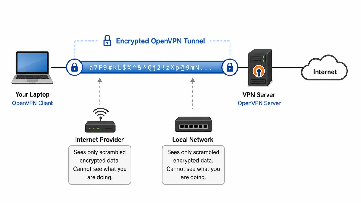 Simple diagram showing a laptop connecting through an encrypted OpenVPN tunnel to a VPN server, with the internet provider and local network seeing only scrambled data.