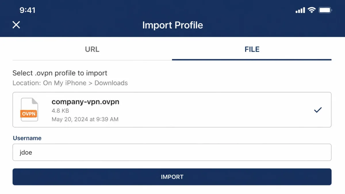 OpenVPN Connect import screen with the File tab selected, showing a chosen .ovpn profile ready to import and a username field below it.