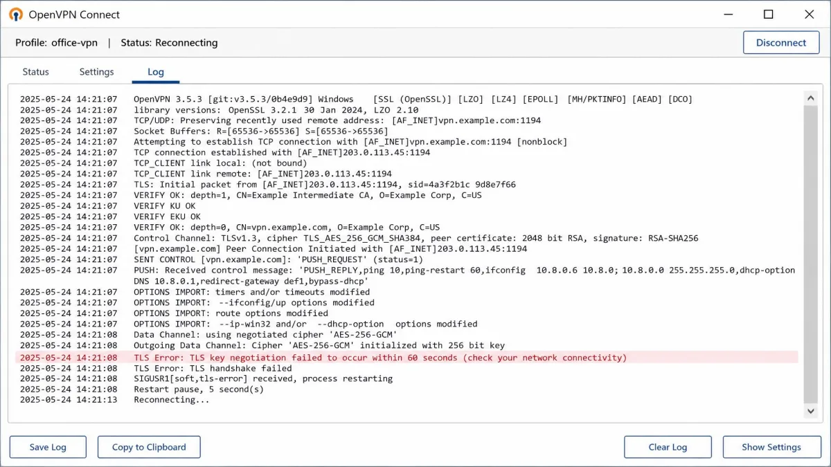 OpenVPN Connect log window on Windows showing timestamped handshake lines and a TLS negotiation error highlighted partway down the log.