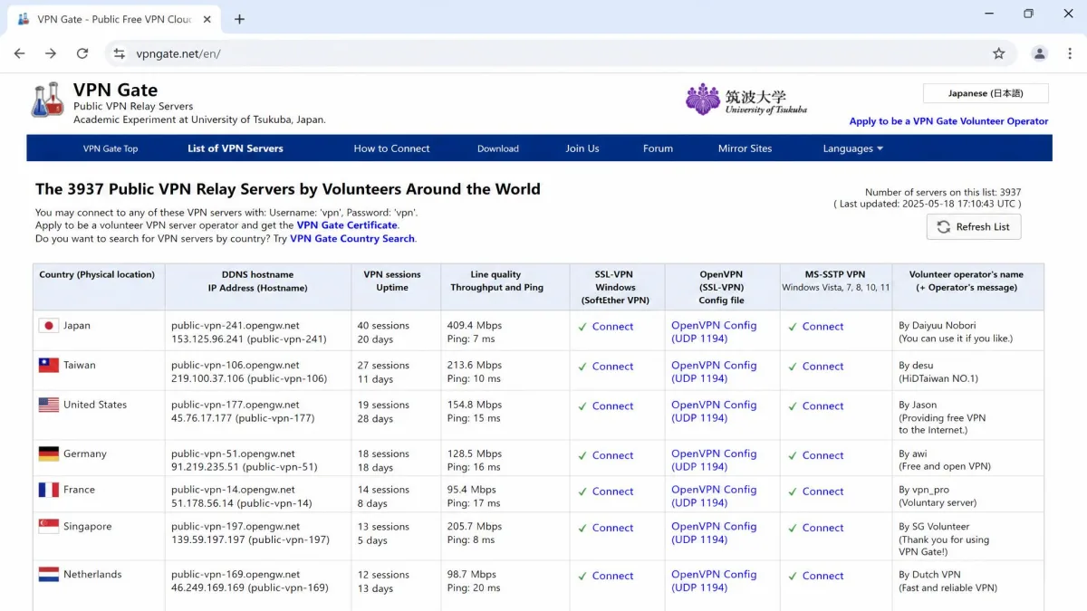 VPN Gate public server list in a web browser, showing a table of volunteer servers with country, uptime, and OpenVPN config file download links.