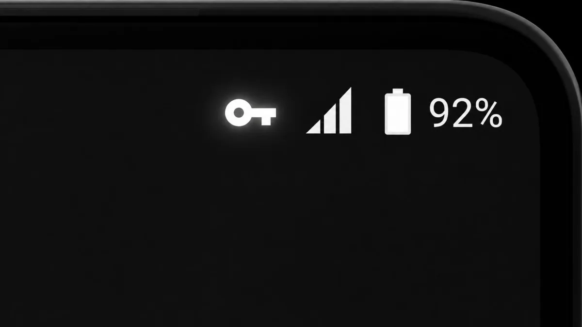 Android status bar close-up showing the small VPN key icon lit next to the battery and signal indicators, confirming a standalone VPN is connected.