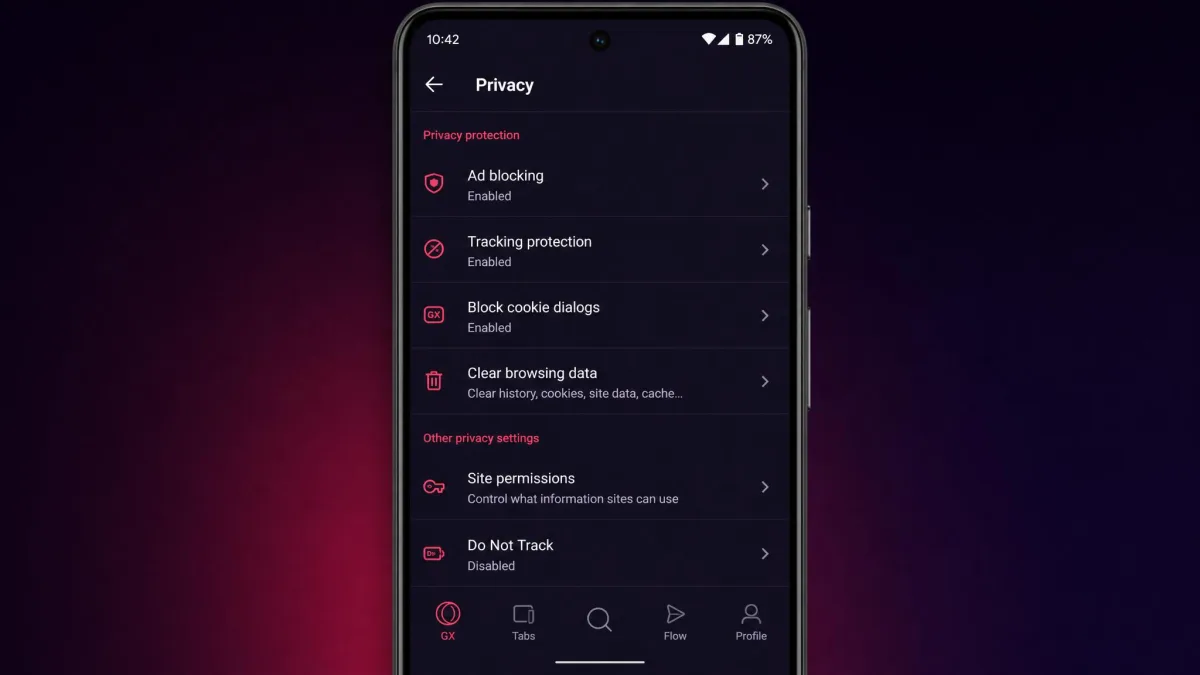 Opera GX for Android settings screen on a phone showing privacy options with no VPN toggle present, illustrating that the mobile app lacks a built-in VPN.