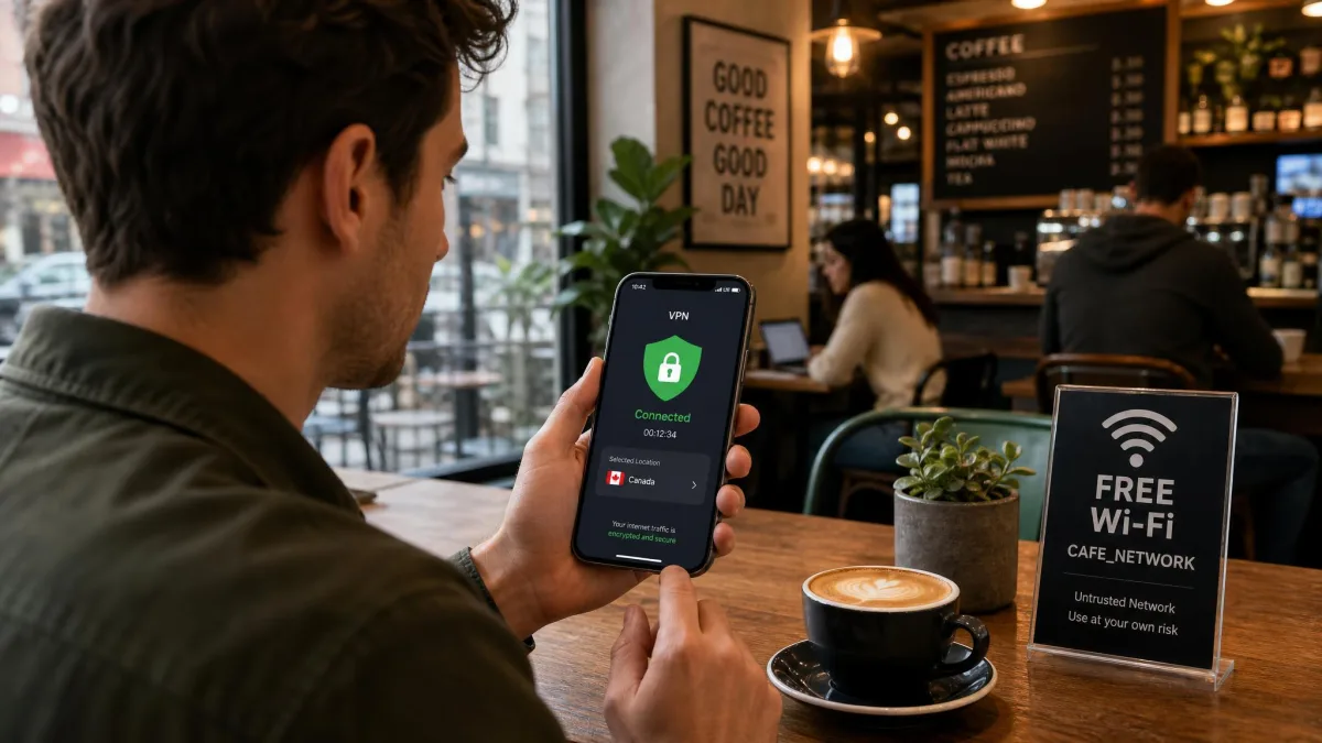 Person using a smartphone on public cafe Wi-Fi with a VPN connection indicator visible, illustrating encrypted browsing on an untrusted network.