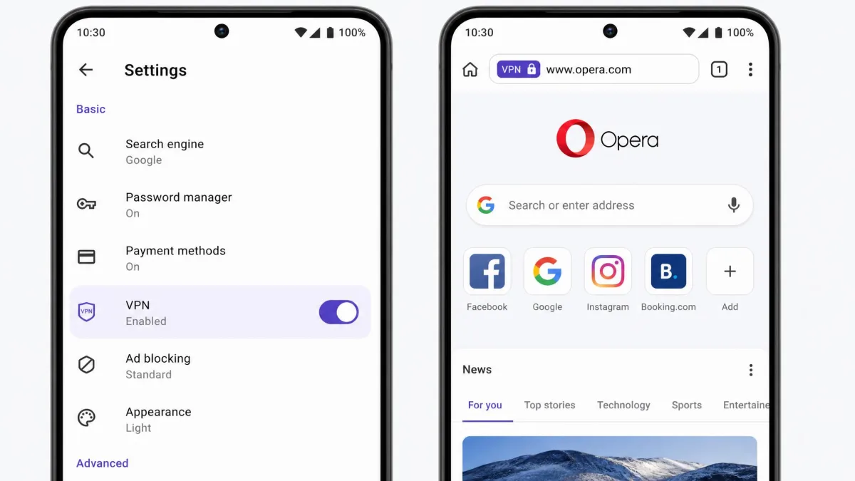 Opera for Android settings screen on a phone showing the VPN option toggled on, with the address-bar VPN badge visible at the top of the browser window.