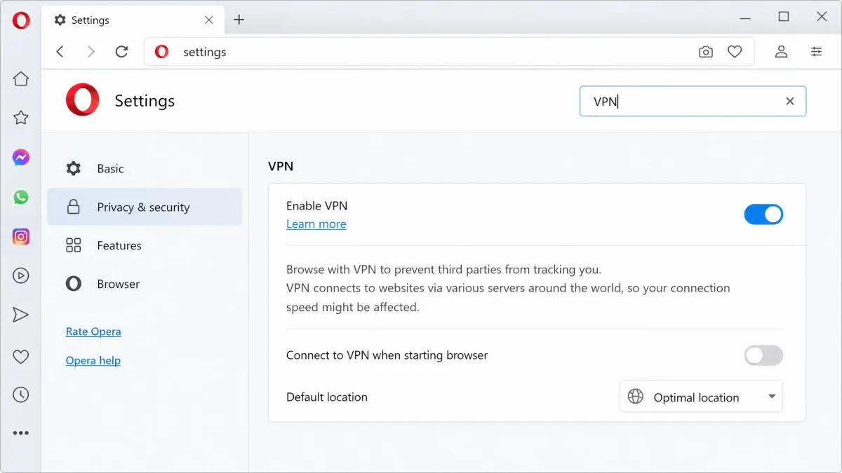 Opera desktop Settings page with "VPN" typed into the settings search box, showing the Enable VPN toggle highlighted in the enabled position and the feature description visible beneath it.