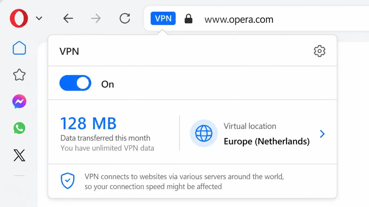 Close-up of the Opera browser address bar showing the blue VPN badge switched on, with a small panel displaying the connected region and current data usage.