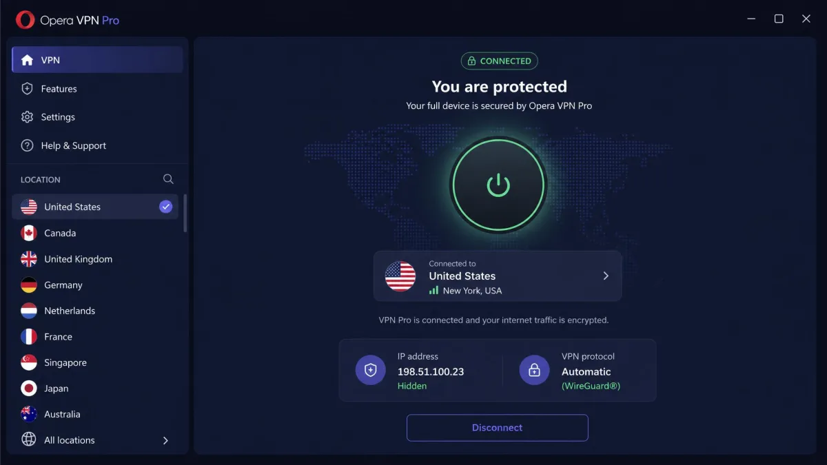 The Opera VPN Pro interface showing a connected full-device VPN session with a chosen country server and a list of available locations in the sidebar.