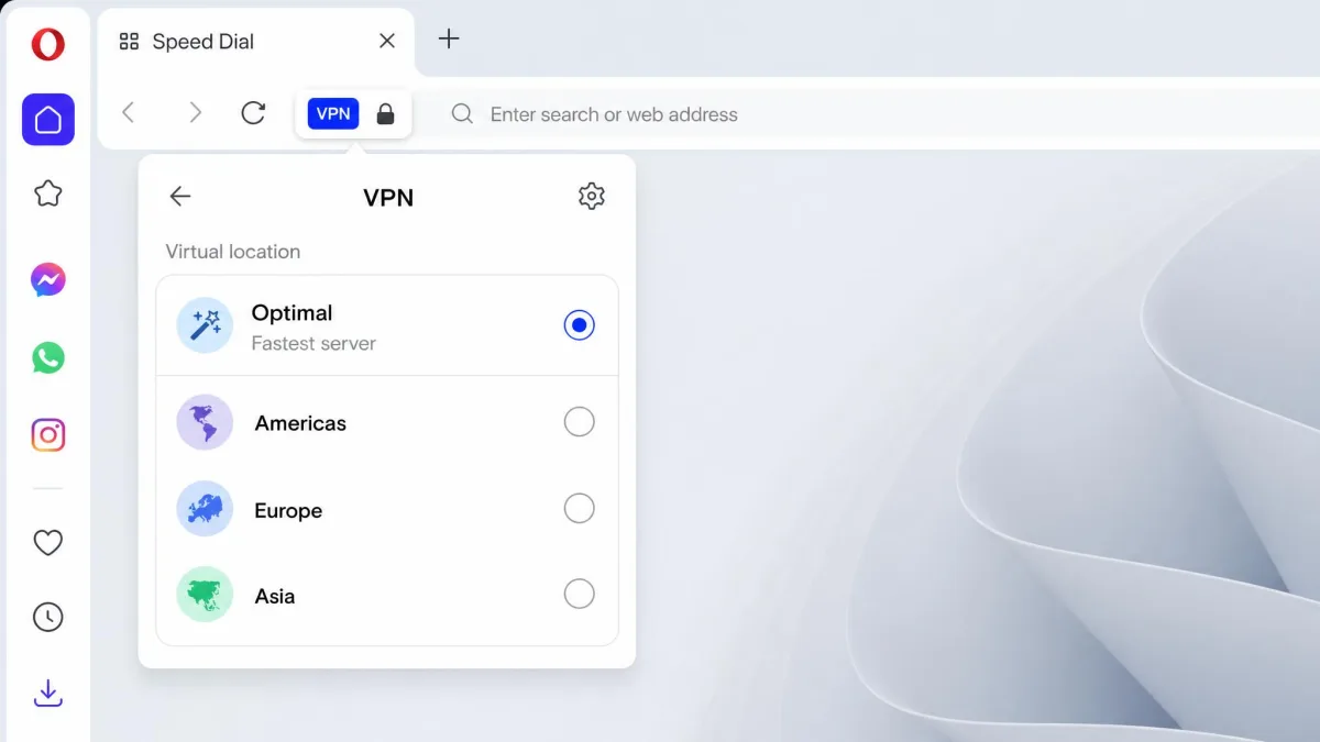 The Opera VPN location panel open, showing the Optimal option selected at the top and the three region choices, Americas, Europe, and Asia, listed below it.