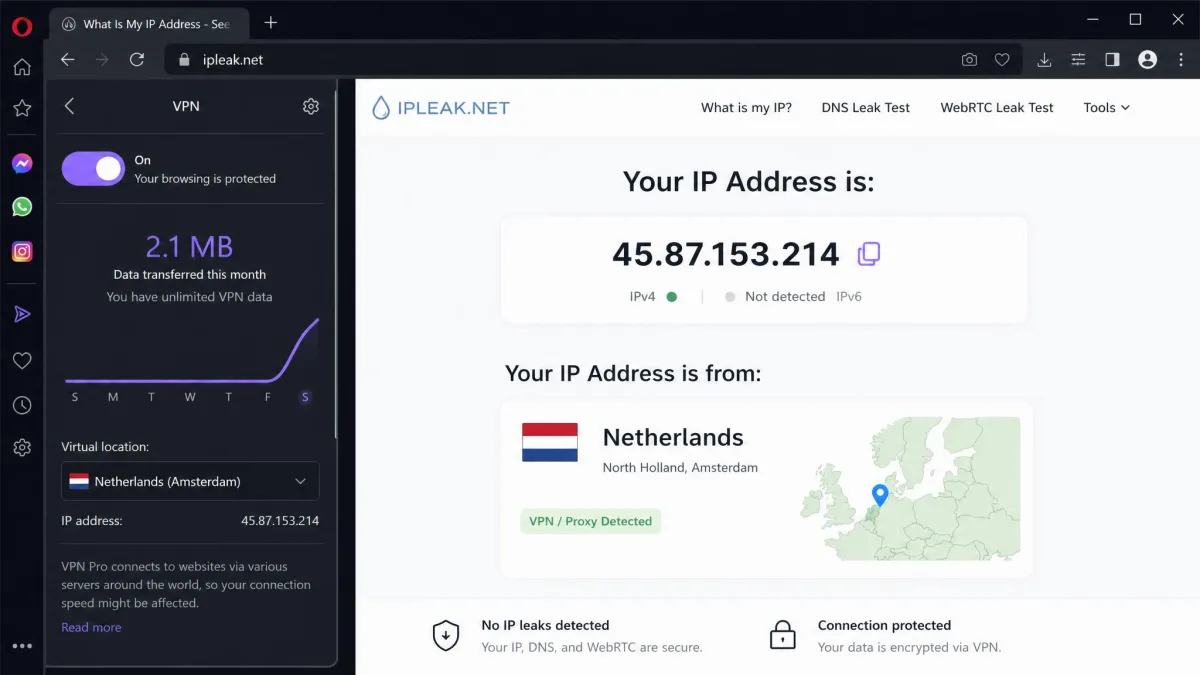 An IP-checker webpage viewed in Opera with the VPN enabled, showing an IP address and country that match a chosen European server region rather than the user's real location.