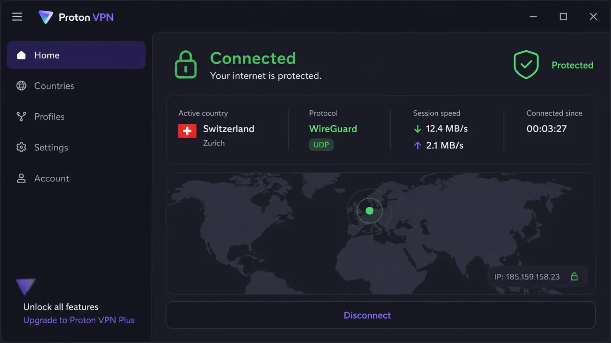 Proton VPN app in a connected state showing the active country, protocol, session speed, and a green protected status indicator.