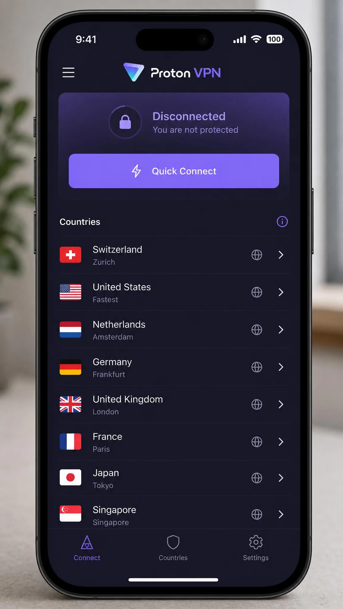 Proton VPN mobile app open on a smartphone showing the connect screen with a country list and the connection status at the top.