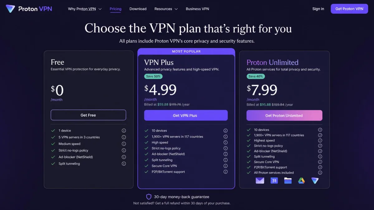 Proton VPN pricing page showing the Free, VPN Plus, and Proton Unlimited tiers side by side with monthly prices and feature checklists.