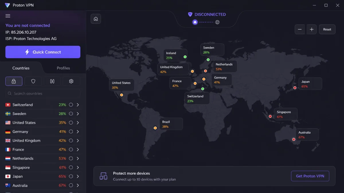 Proton VPN app showing the Quick Connect button and a world map with country server locations and load percentages.