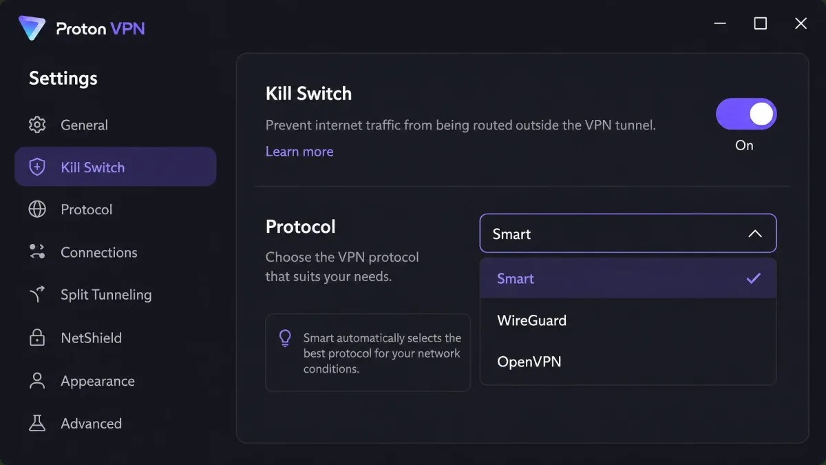 Proton VPN settings panel with the Kill Switch toggle enabled and the protocol dropdown showing Smart, WireGuard, and OpenVPN options.