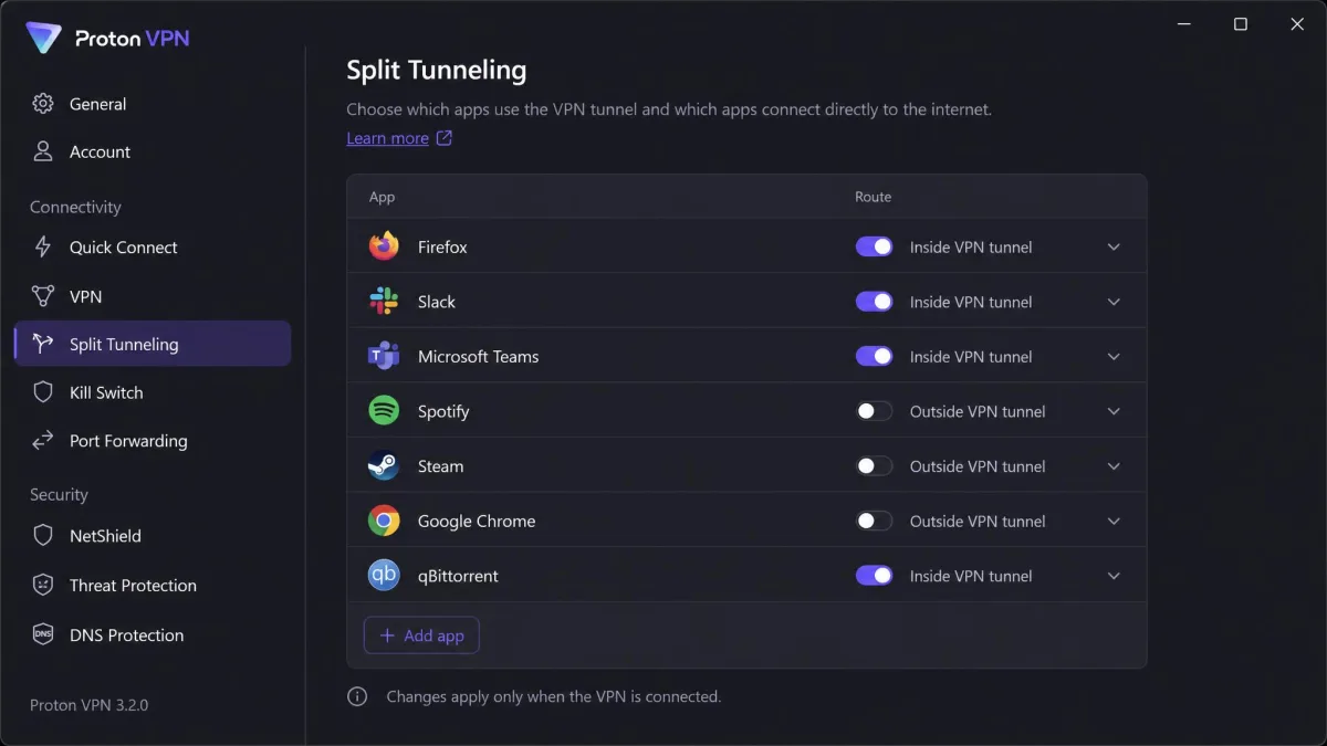 Proton VPN Split Tunneling settings showing a list of installed apps with toggles to route each one inside or outside the VPN tunnel.