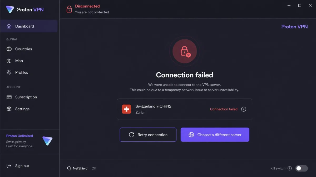 Proton VPN desktop app showing a failed connection notice with a prompt to retry or choose a different server.