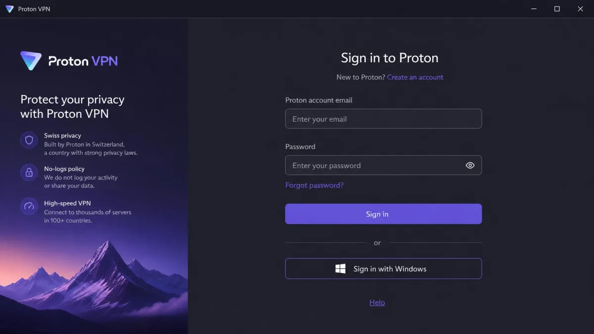 Proton VPN Windows app sign-in screen with fields for a Proton account email and password after installation.