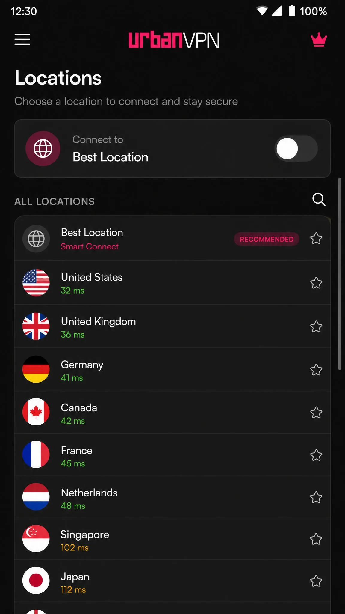 Urban VPN Android app showing the Locations screen with a scrollable list of country servers and a connect toggle.