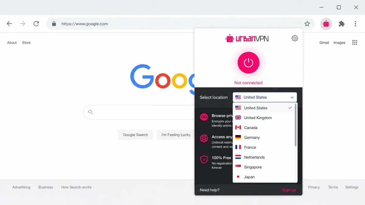 Urban VPN browser extension popup open in a toolbar showing the connect button and a dropdown of country locations.