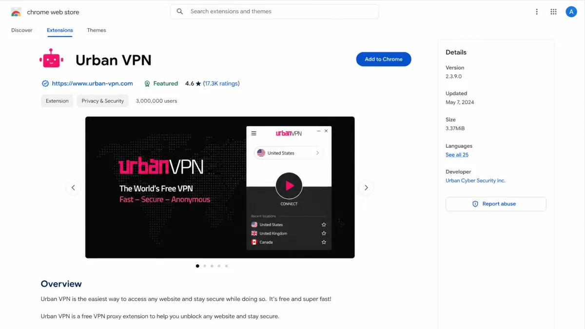 Urban VPN listing in the Chrome Web Store with the Add to Chrome button and extension details visible.