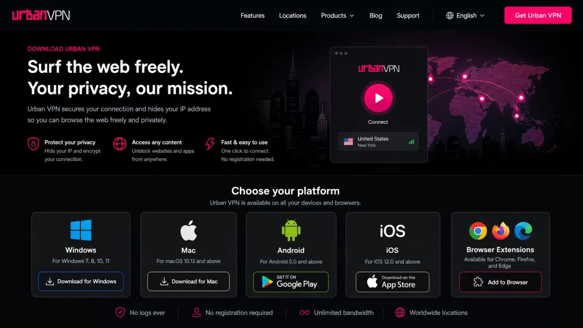 Urban VPN download page showing app buttons for Windows, Mac, Android, iOS, and browser extensions side by side.