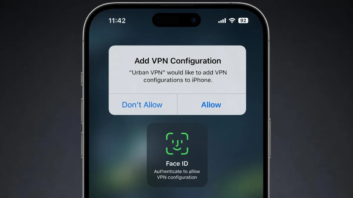 iPhone system prompt asking permission to add the Urban VPN configuration, with Allow and Face ID authentication.