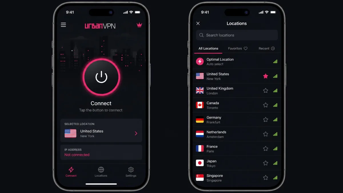 Urban VPN app on an iPhone showing the connect screen and a list of server locations to choose from.