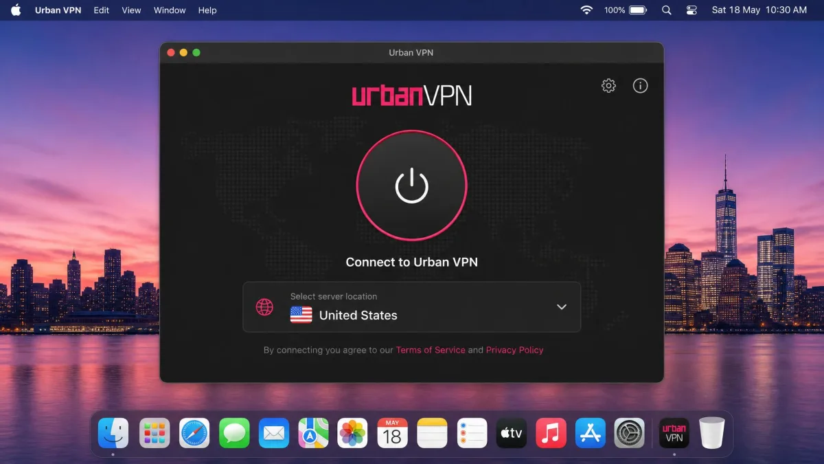 Urban VPN app running on macOS showing the connect button and server location dropdown in a single window.