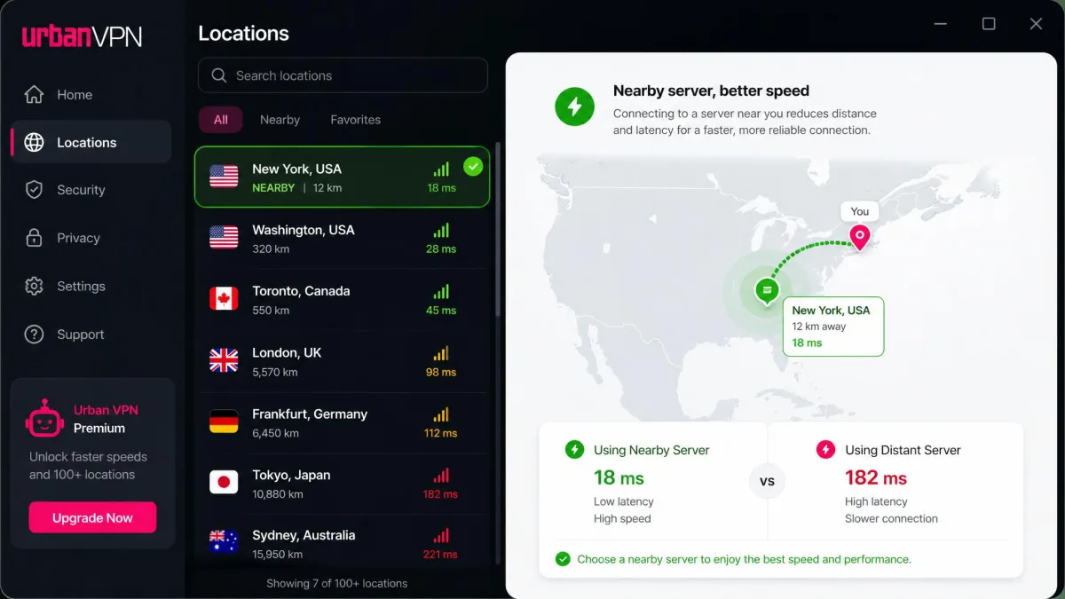 Urban VPN location list with a nearby server highlighted, illustrating how choosing a close server improves connection speed.