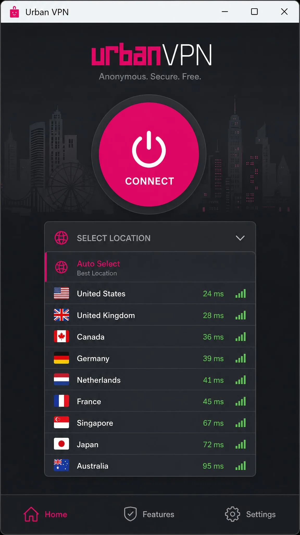 Urban VPN Windows app main window with a large connect button and a dropdown list of country server locations.