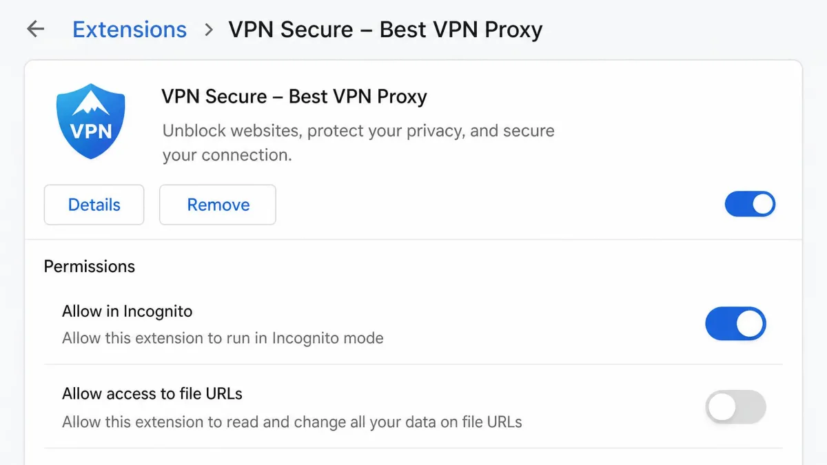 Close-up of a browser extensions settings page with the "Allow in Incognito" permission toggle switched on for a VPN extension.