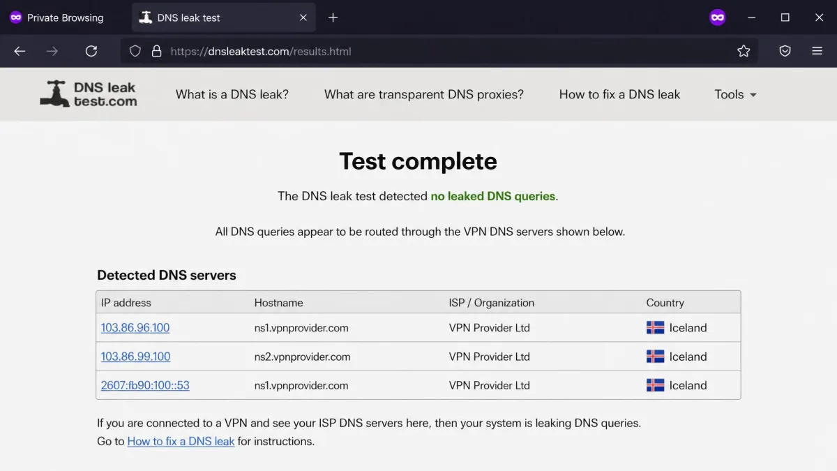 A DNS leak test results page open in a private browser window showing DNS servers that belong to the VPN provider rather than the user's ISP.
