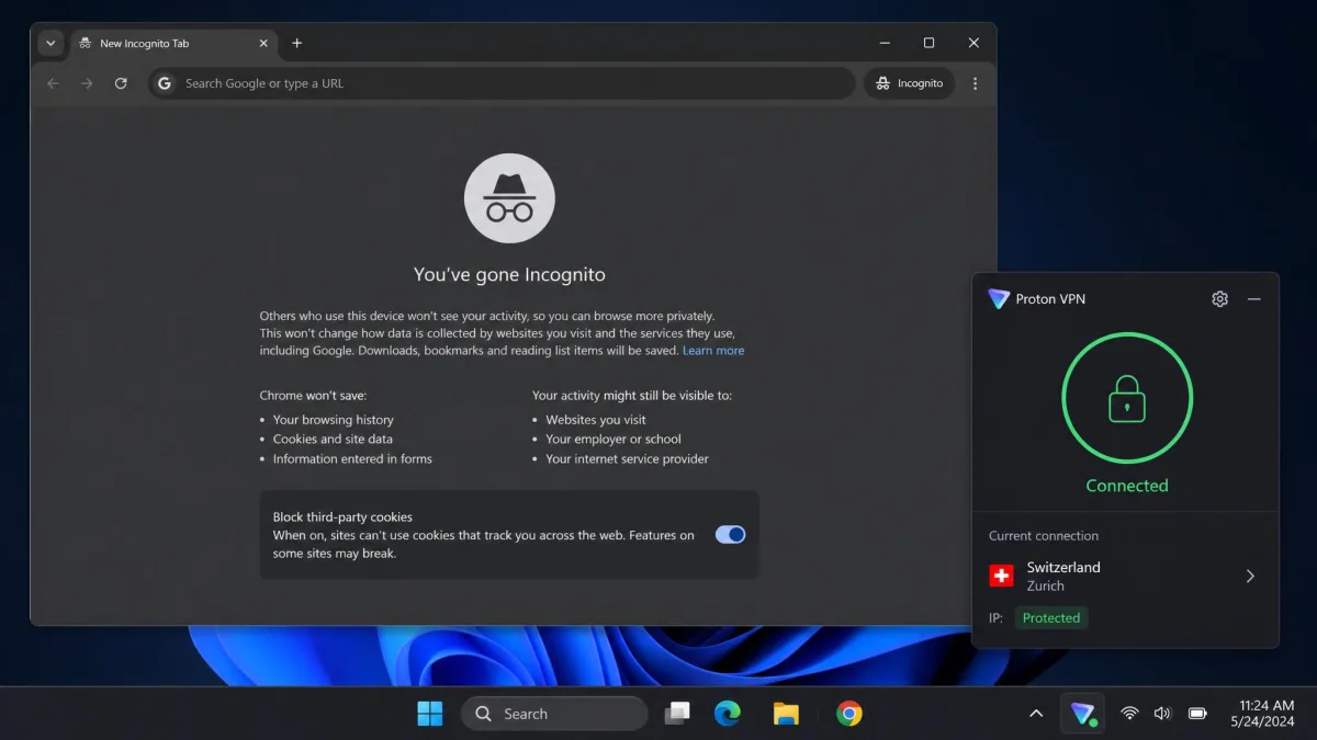 A fresh incognito browser window open on screen with a connected VPN app icon visible in the system tray, showing both privacy tools active at the same time.