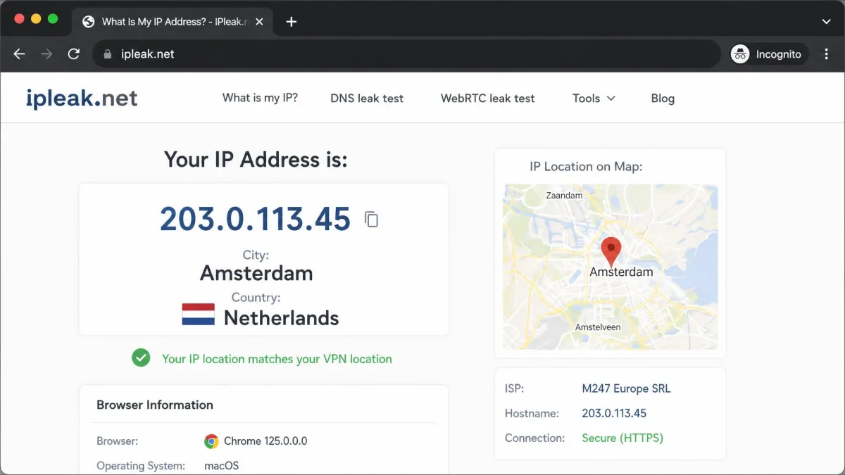A browser IP-check page open in an incognito window showing an IP address and city that match a VPN server location rather than the user's real location.