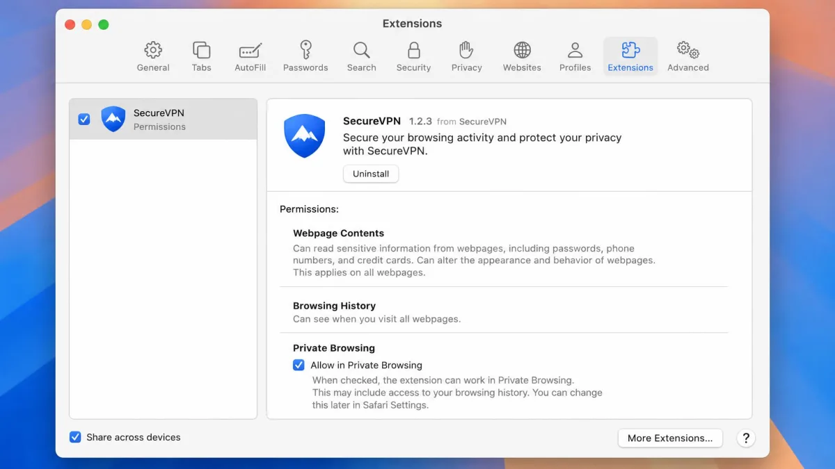 Safari Extensions settings on macOS showing the "Allow in Private Browsing" checkbox selected for a VPN extension under the Private Browsing section.